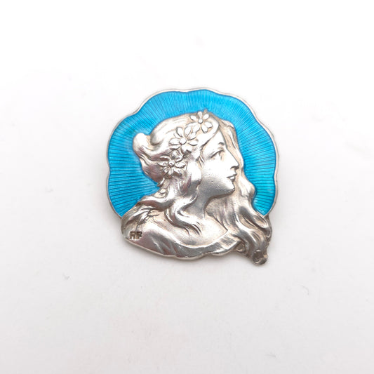 Sterling Silver Antique Robert Friedrich Blue Enamel Lady Face Button