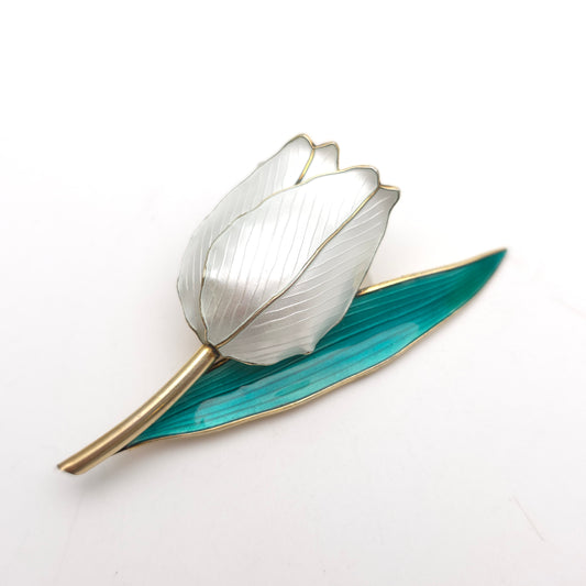 Sterling Silver Vintage 'Hans Myhre' White and Green Enamel Tulip Flower Brooch