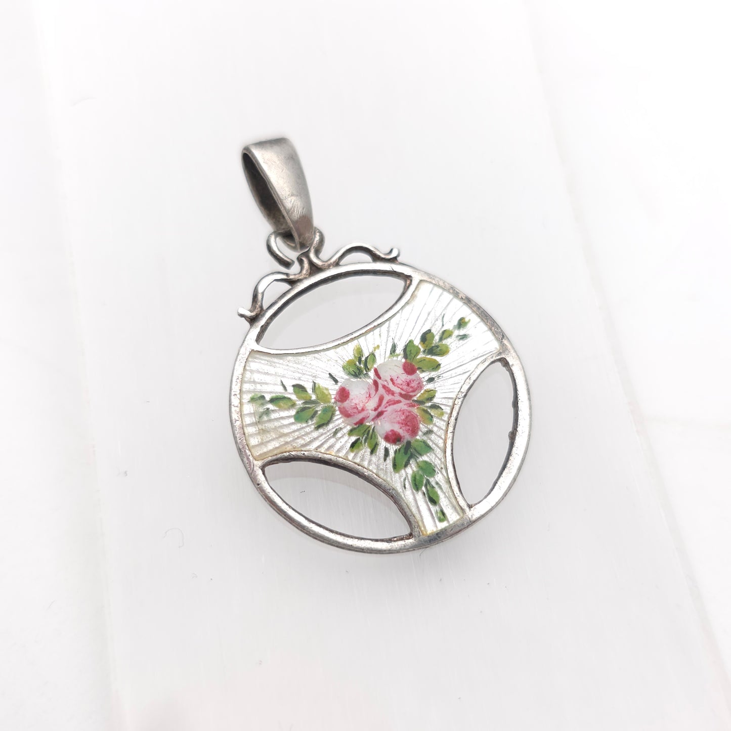Sterling Silver Antique Charles Horner Pink Rose White Enamel Cut-out Pendant