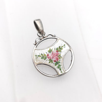 Sterling Silver Antique Charles Horner Pink Rose White Enamel Cut-out Pendant