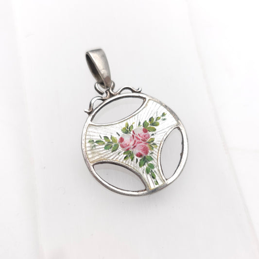Sterling Silver Antique Charles Horner Pink Rose White Enamel Cut-out Pendant