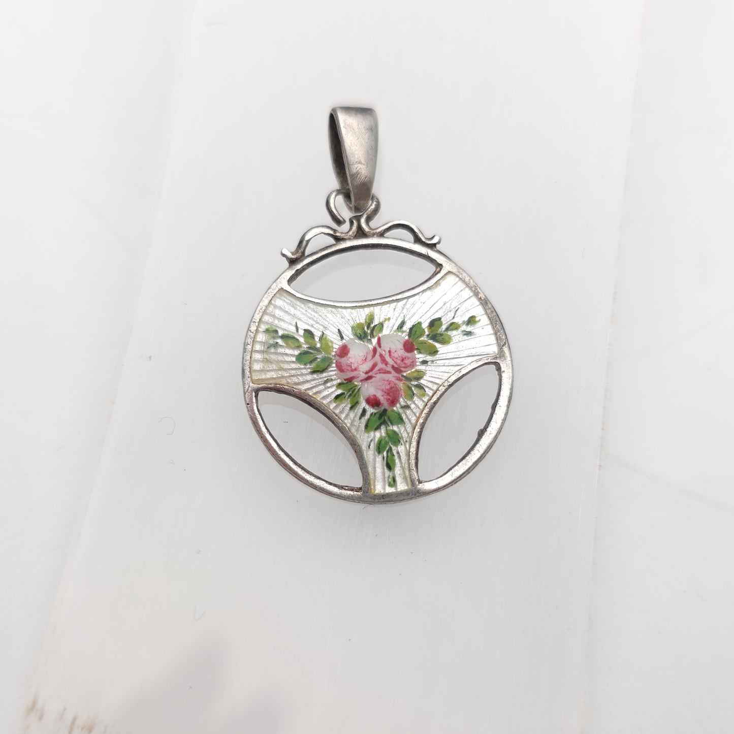 Sterling Silver Antique Charles Horner Pink Rose White Enamel Cut-out Pendant