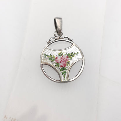 Sterling Silver Antique Charles Horner Pink Rose White Enamel Cut-out Pendant
