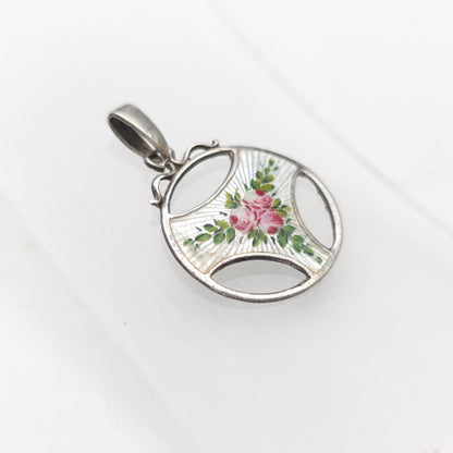 Sterling Silver Antique Charles Horner Pink Rose White Enamel Cut-out Pendant