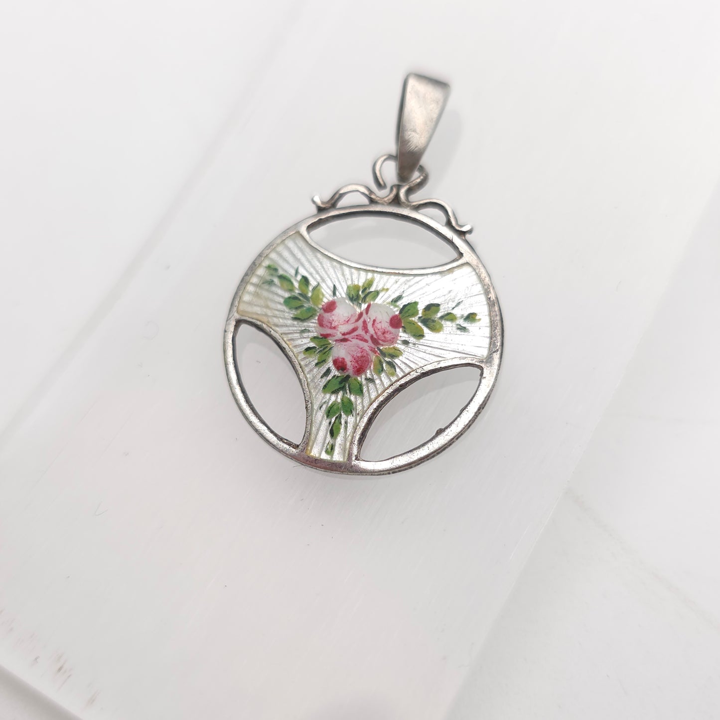 Sterling Silver Antique Charles Horner Pink Rose White Enamel Cut-out Pendant