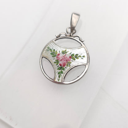 Sterling Silver Antique Charles Horner Pink Rose White Enamel Cut-out Pendant