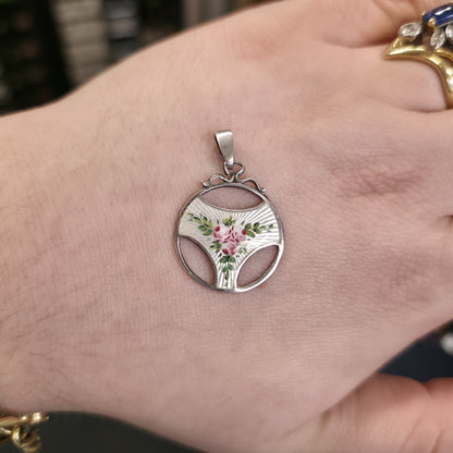 Sterling Silver Antique Charles Horner Pink Rose White Enamel Cut-out Pendant