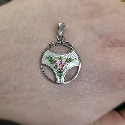 Sterling Silver Antique Charles Horner Pink Rose White Enamel Cut-out Pendant