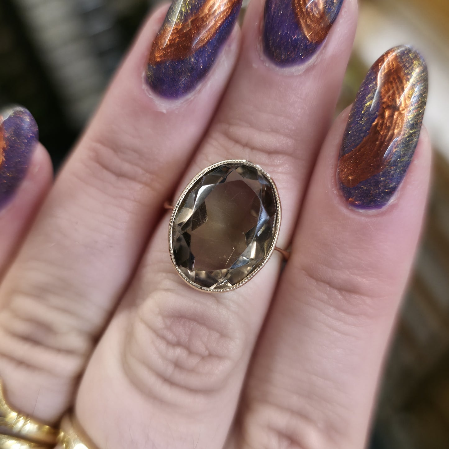9ct Yellow Gold Vintage Oval Cut Smoky Quartz Solitaire Cocktail Ring