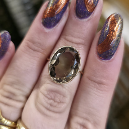 9ct Yellow Gold Vintage Oval Cut Smoky Quartz Solitaire Cocktail Ring
