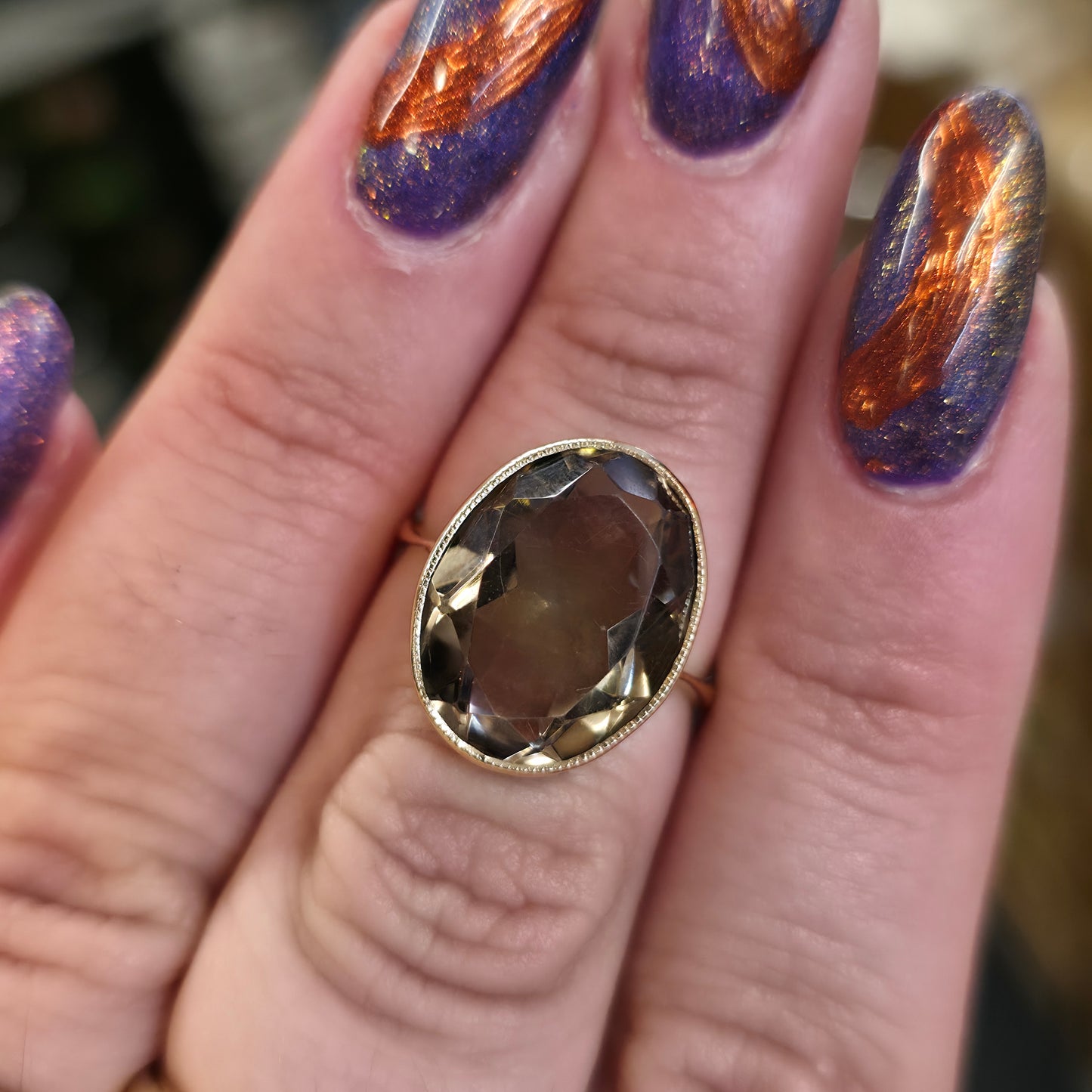 9ct Yellow Gold Vintage Oval Cut Smoky Quartz Solitaire Cocktail Ring