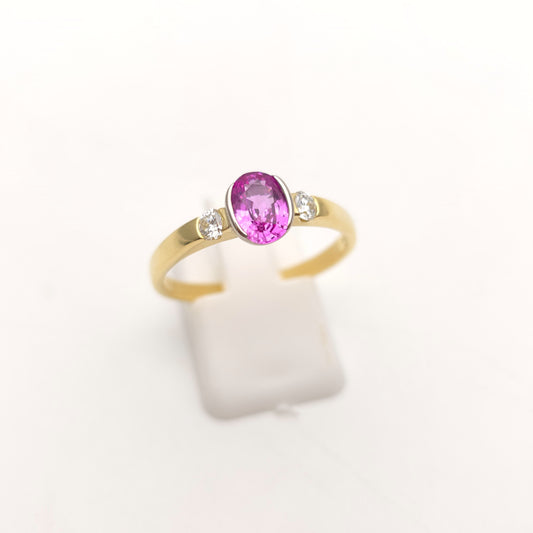 18ct Yellow Gold Oval Cut Half Bezel Set Pink Sapphire And Diamond Trilogy Ring