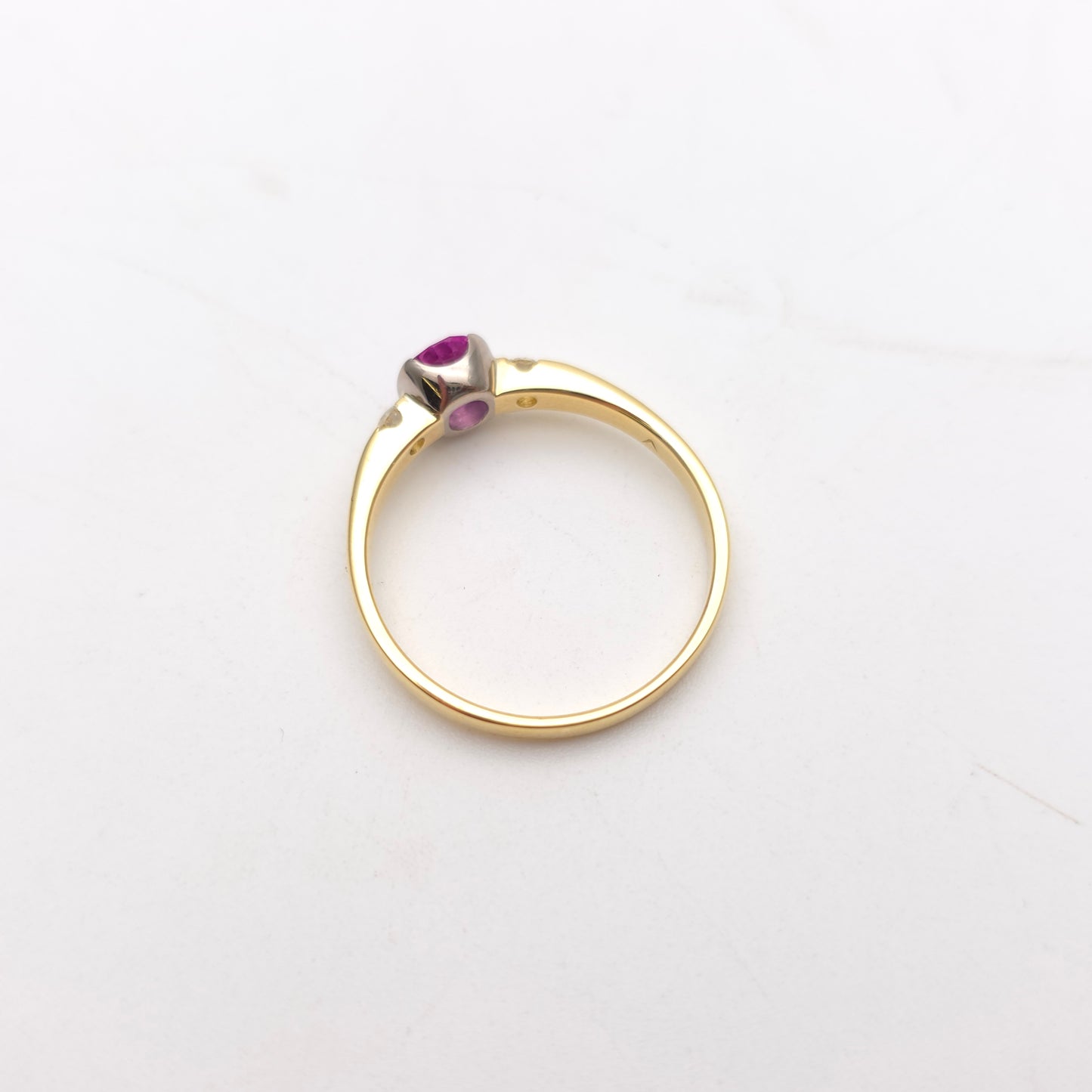 18ct Yellow Gold Oval Cut Half Bezel Set Pink Sapphire And Diamond Trilogy Ring