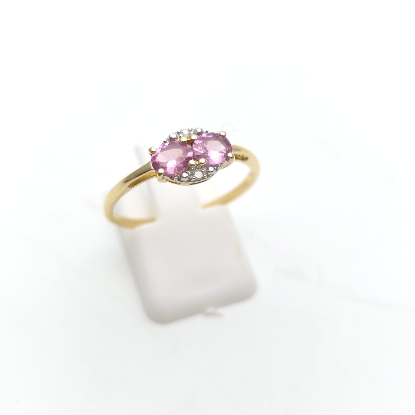 9ct Yellow Gold Two Oval Cut Pink Sapphire And Diamond Small Cluster Ring