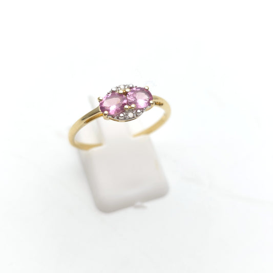 9ct Yellow Gold Two Oval Cut Pink Sapphire And Diamond Small Cluster Ring