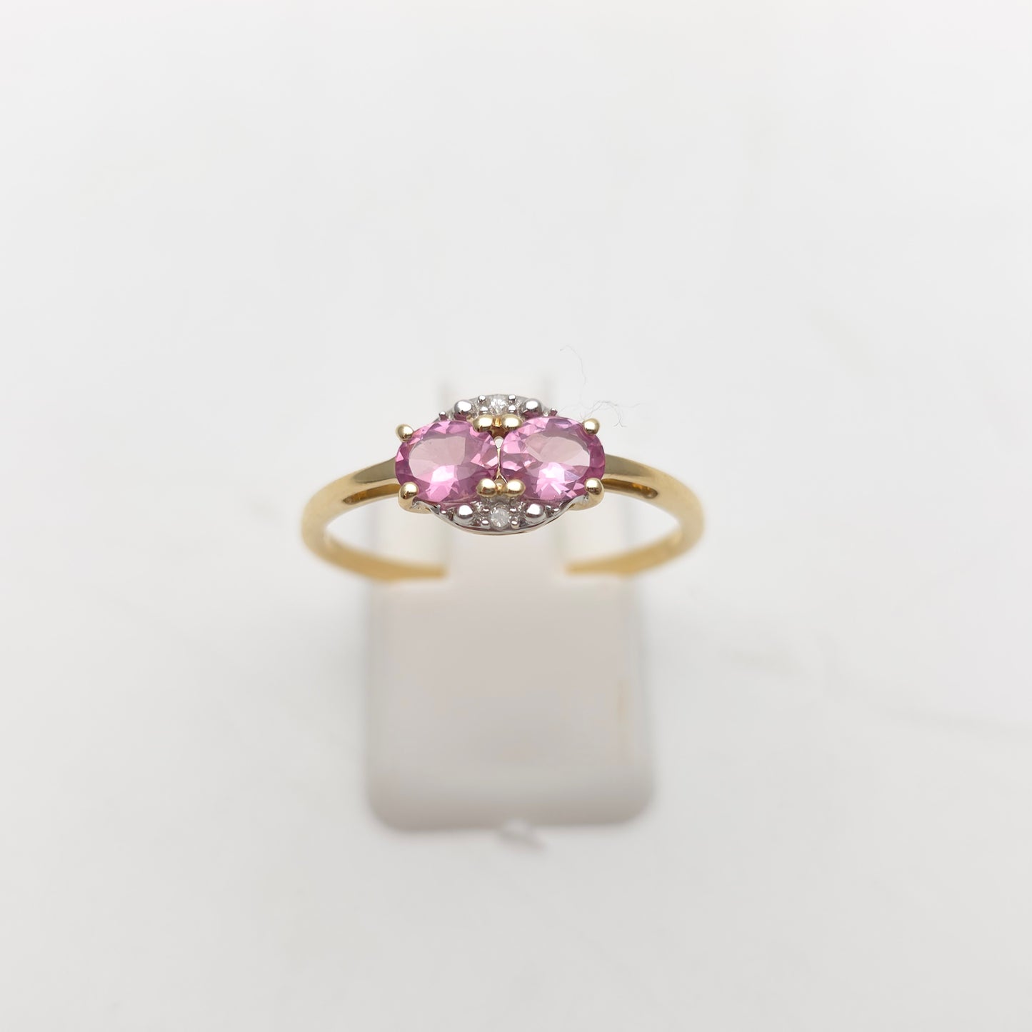 9ct Yellow Gold Two Oval Cut Pink Sapphire And Diamond Small Cluster Ring