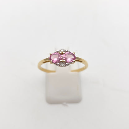 9ct Yellow Gold Two Oval Cut Pink Sapphire And Diamond Small Cluster Ring