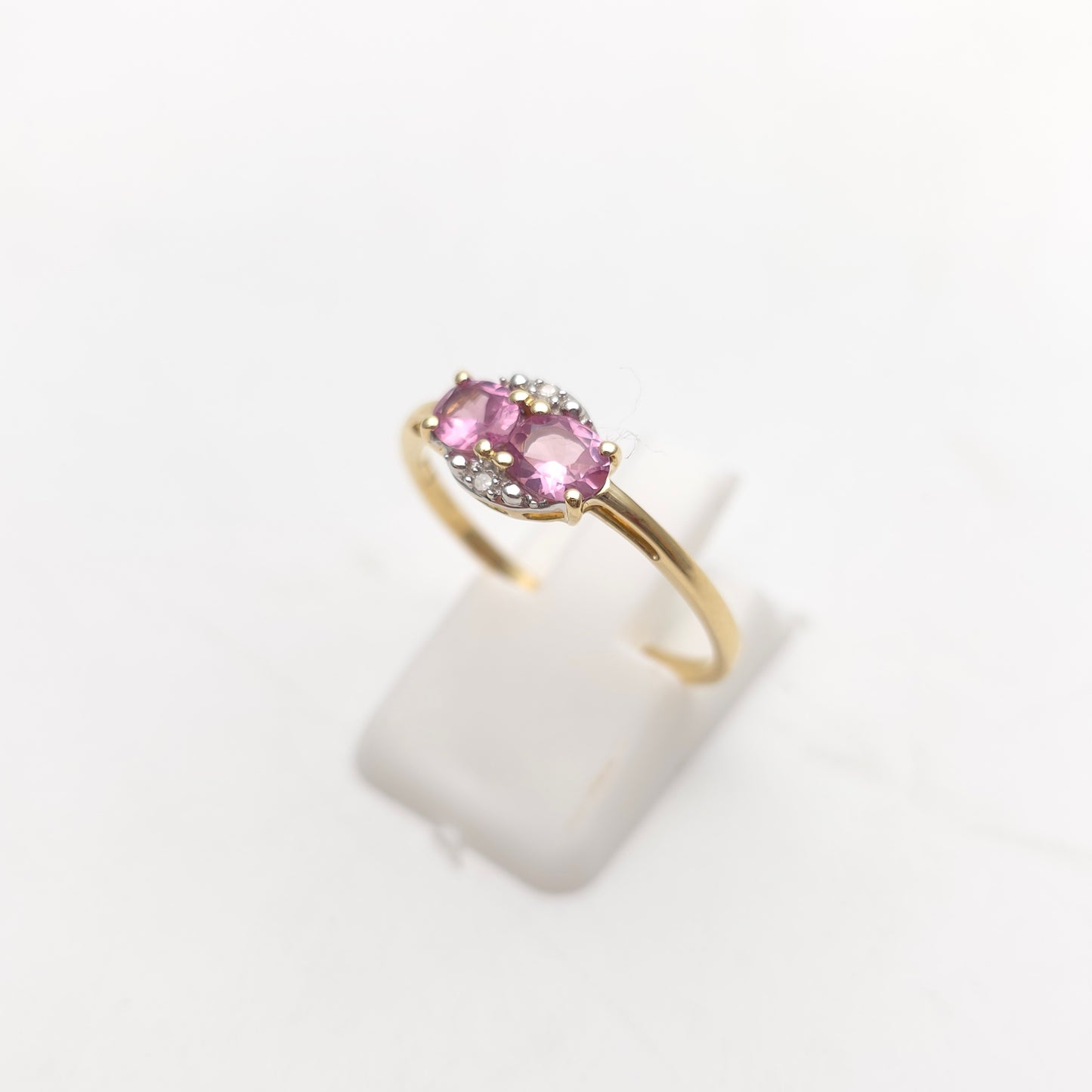 9ct Yellow Gold Two Oval Cut Pink Sapphire And Diamond Small Cluster Ring