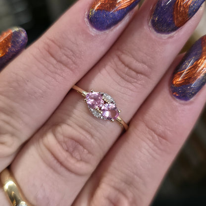 9ct Yellow Gold Two Oval Cut Pink Sapphire And Diamond Small Cluster Ring