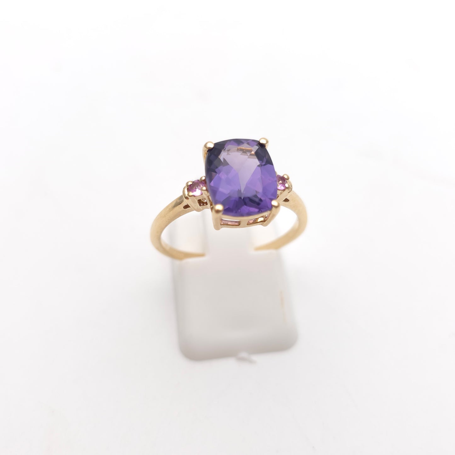 9ct Yellow Gold Cushion Cut Amethyst And Pink Stone Trilogy Ring