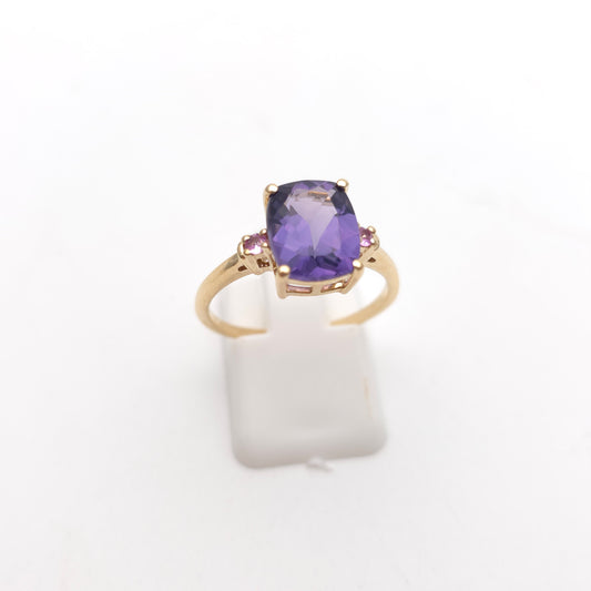 9ct Yellow Gold Cushion Cut Amethyst And Pink Stone Trilogy Ring