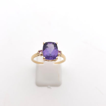 9ct Yellow Gold Cushion Cut Amethyst And Pink Stone Trilogy Ring