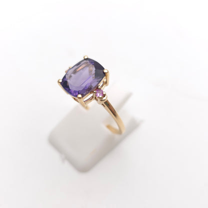 9ct Yellow Gold Cushion Cut Amethyst And Pink Stone Trilogy Ring