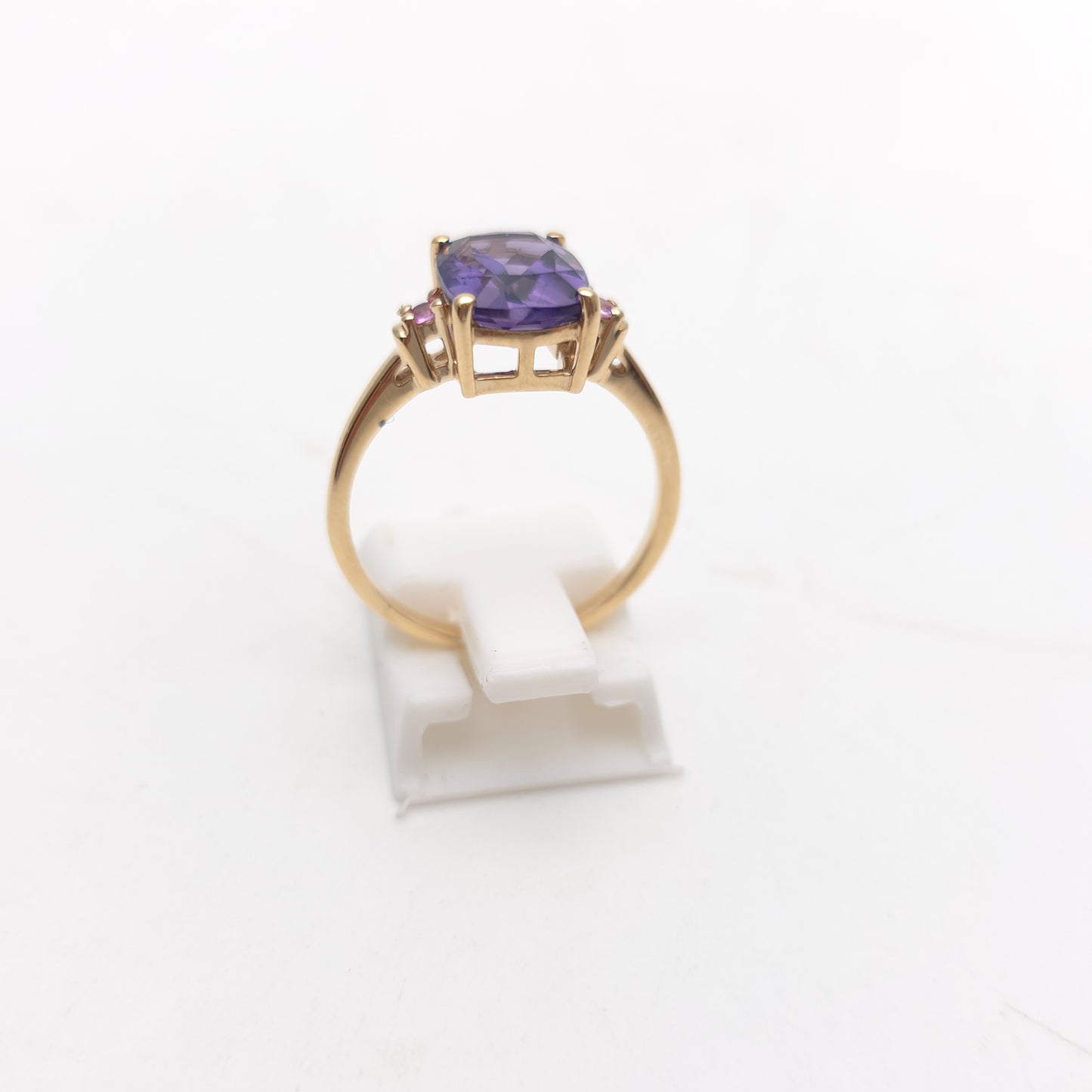 9ct Yellow Gold Cushion Cut Amethyst And Pink Stone Trilogy Ring