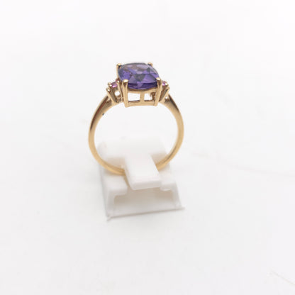 9ct Yellow Gold Cushion Cut Amethyst And Pink Stone Trilogy Ring
