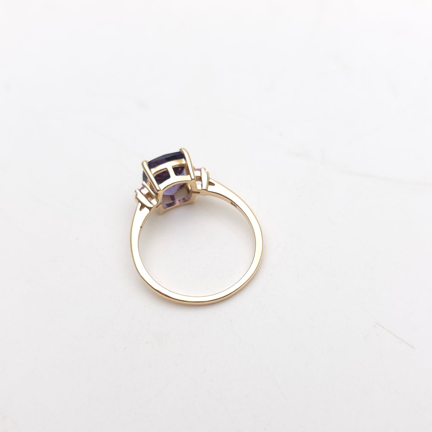 9ct Yellow Gold Cushion Cut Amethyst And Pink Stone Trilogy Ring