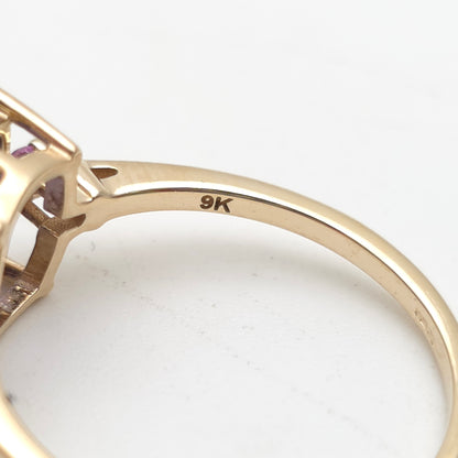 9ct Yellow Gold Cushion Cut Amethyst And Pink Stone Trilogy Ring