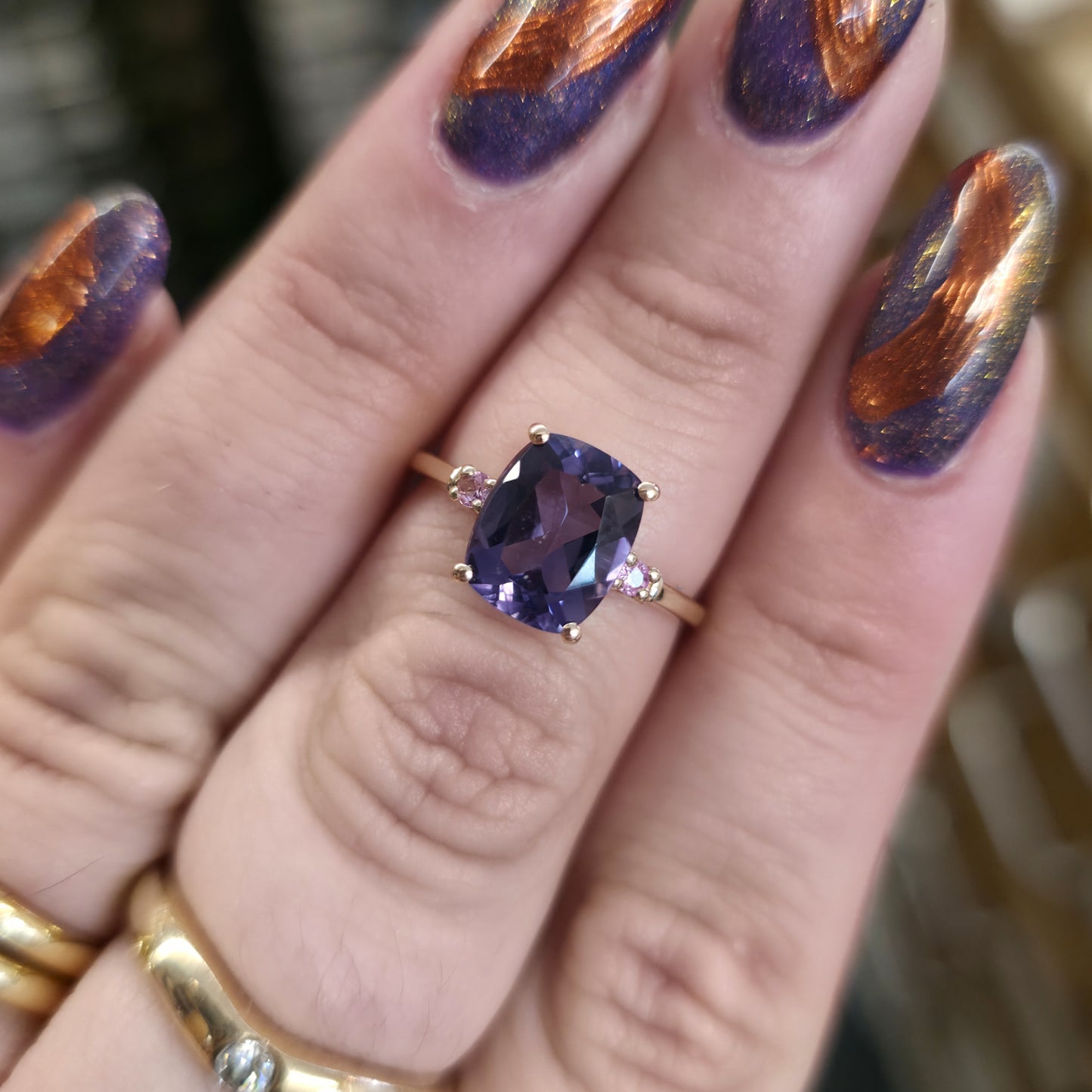 9ct Yellow Gold Cushion Cut Amethyst And Pink Stone Trilogy Ring