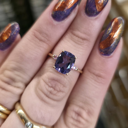 9ct Yellow Gold Cushion Cut Amethyst And Pink Stone Trilogy Ring