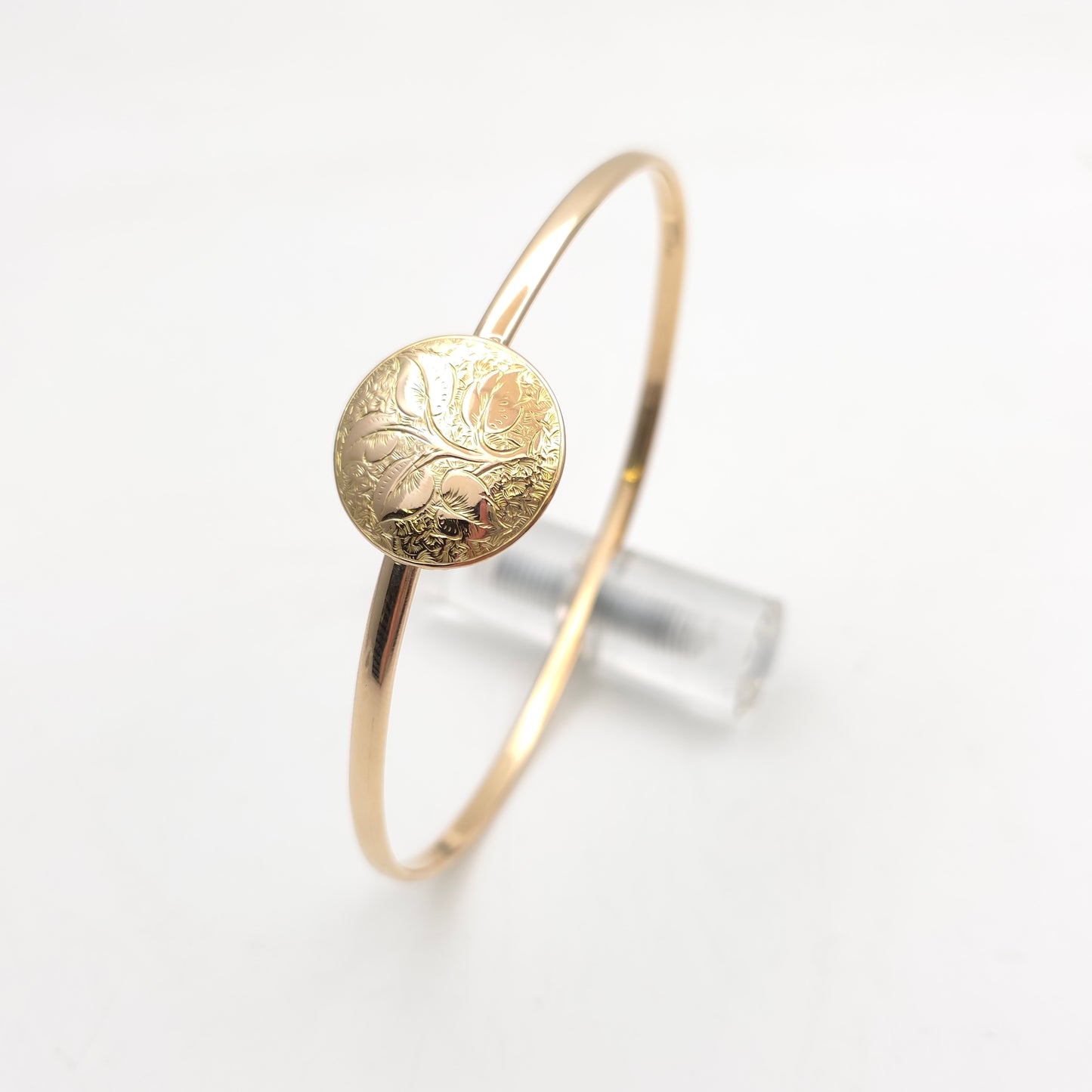 15ct Yellow Gold Round Foliate Engraved Panel With 9ct Polished Band Bangle