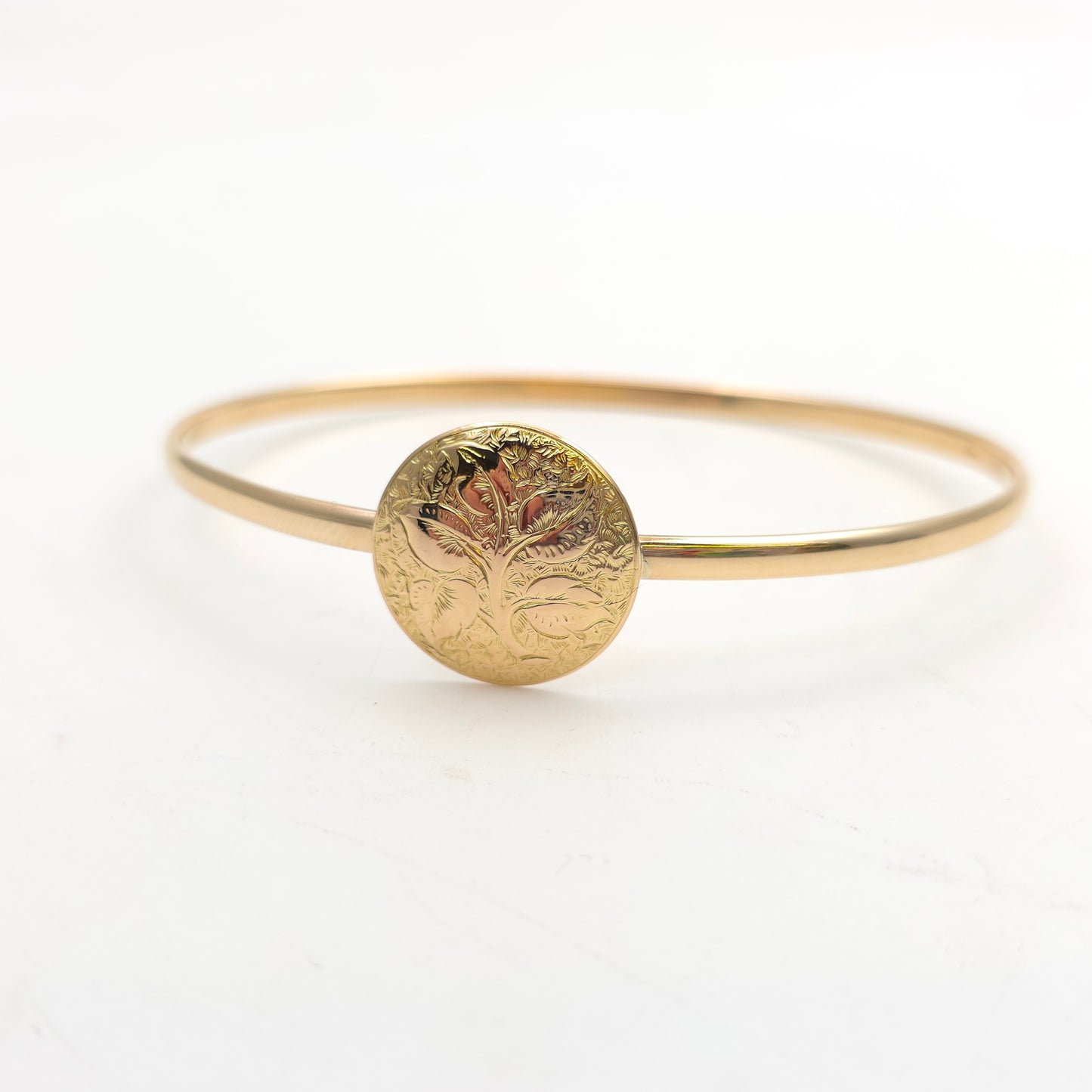 15ct Yellow Gold Round Foliate Engraved Panel With 9ct Polished Band Bangle