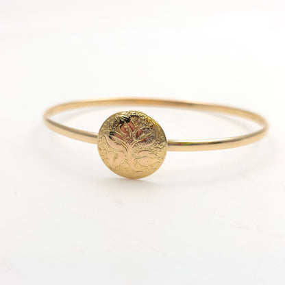 15ct Yellow Gold Round Foliate Engraved Panel With 9ct Polished Band Bangle