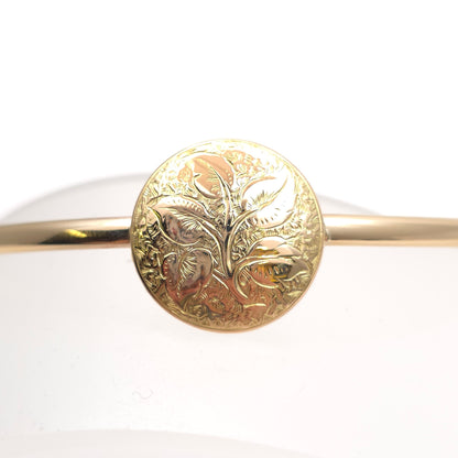 15ct Yellow Gold Round Foliate Engraved Panel With 9ct Polished Band Bangle