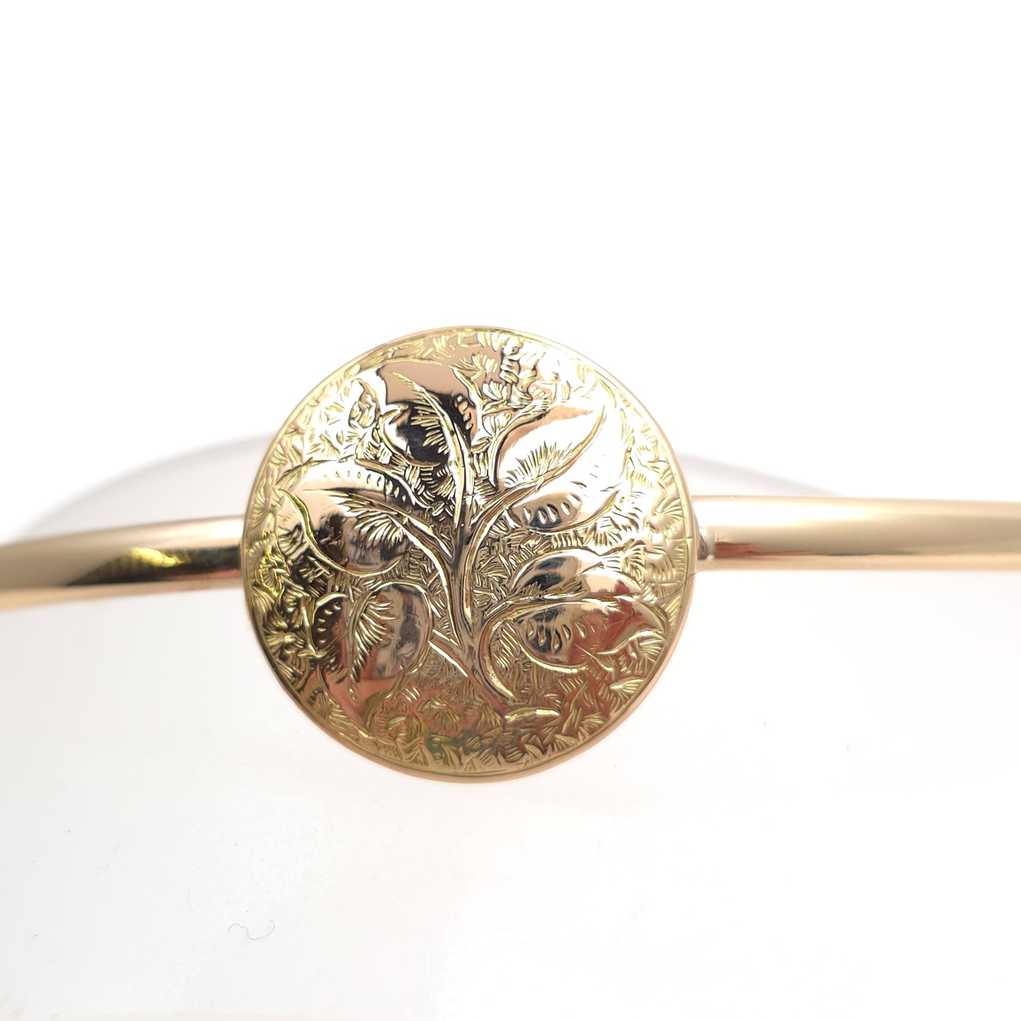 15ct Yellow Gold Round Foliate Engraved Panel With 9ct Polished Band Bangle