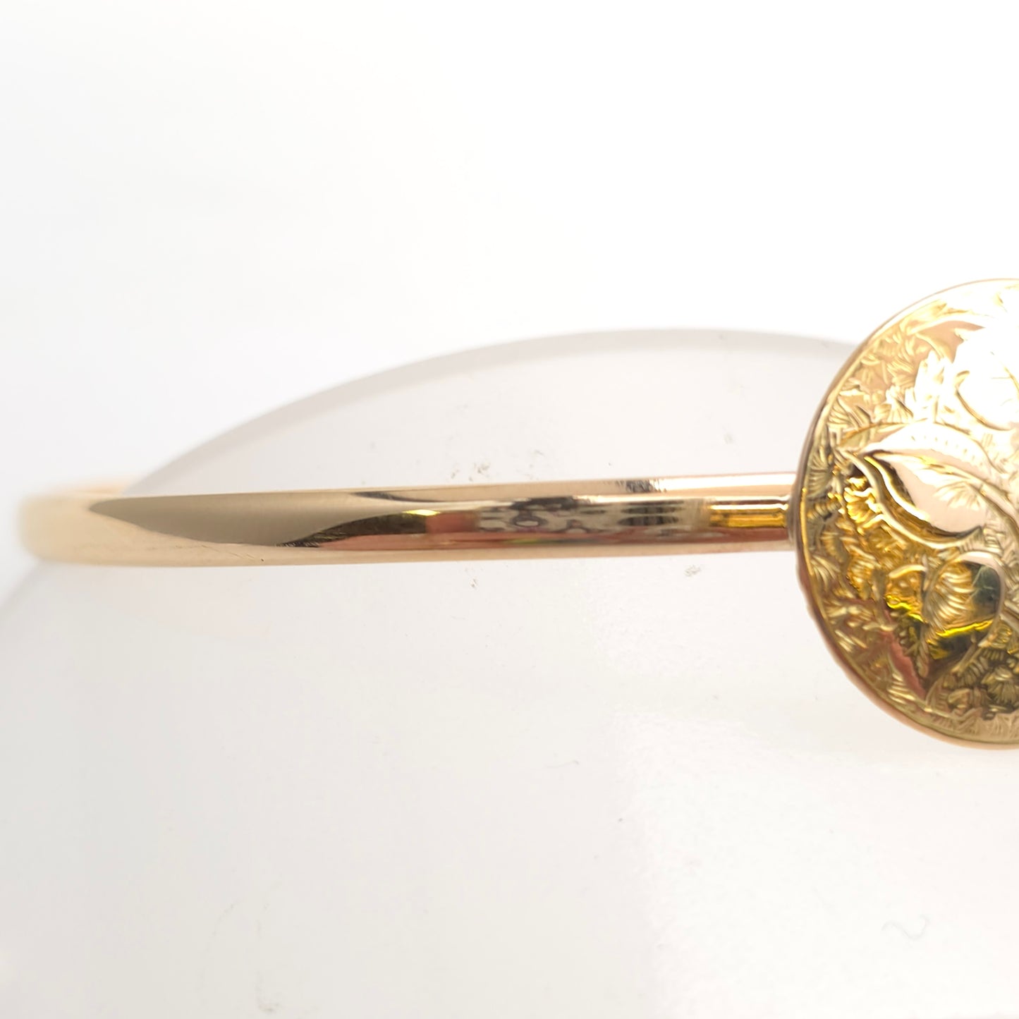 15ct Yellow Gold Round Foliate Engraved Panel With 9ct Polished Band Bangle