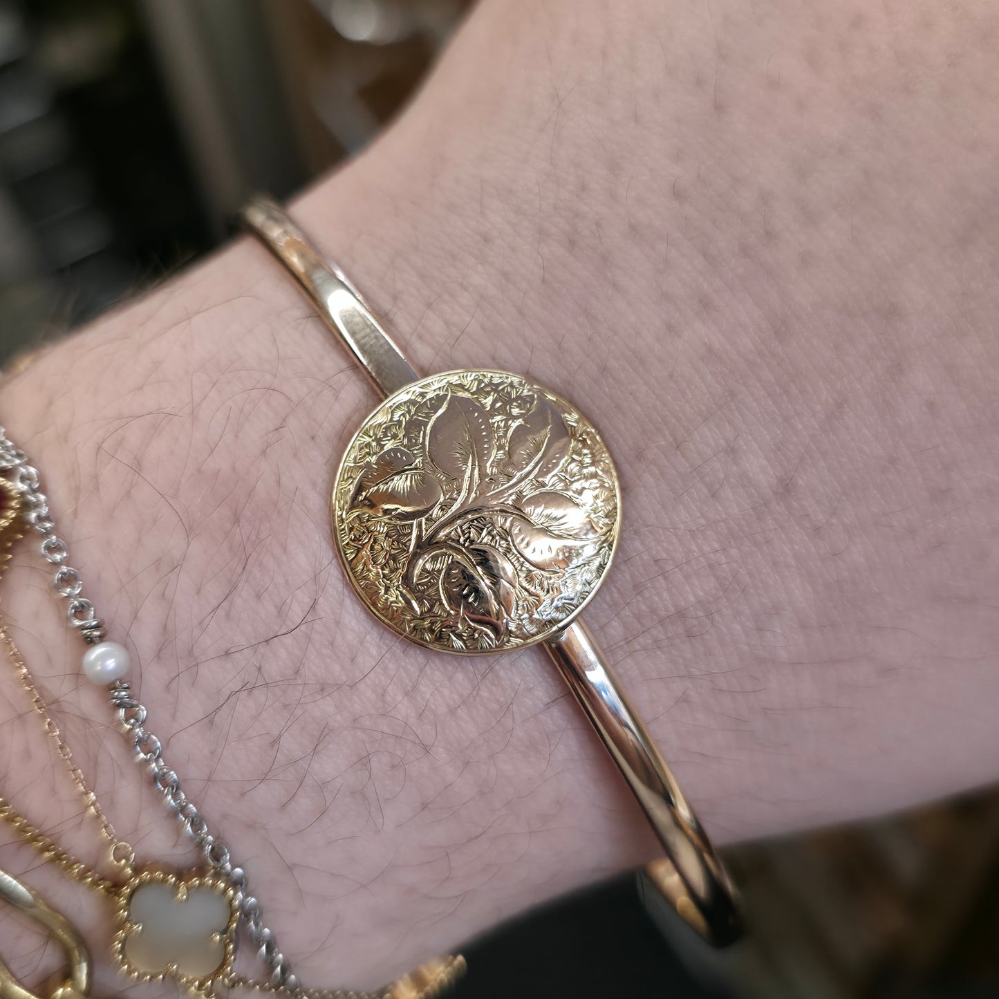 15ct Yellow Gold Round Foliate Engraved Panel With 9ct Polished Band Bangle