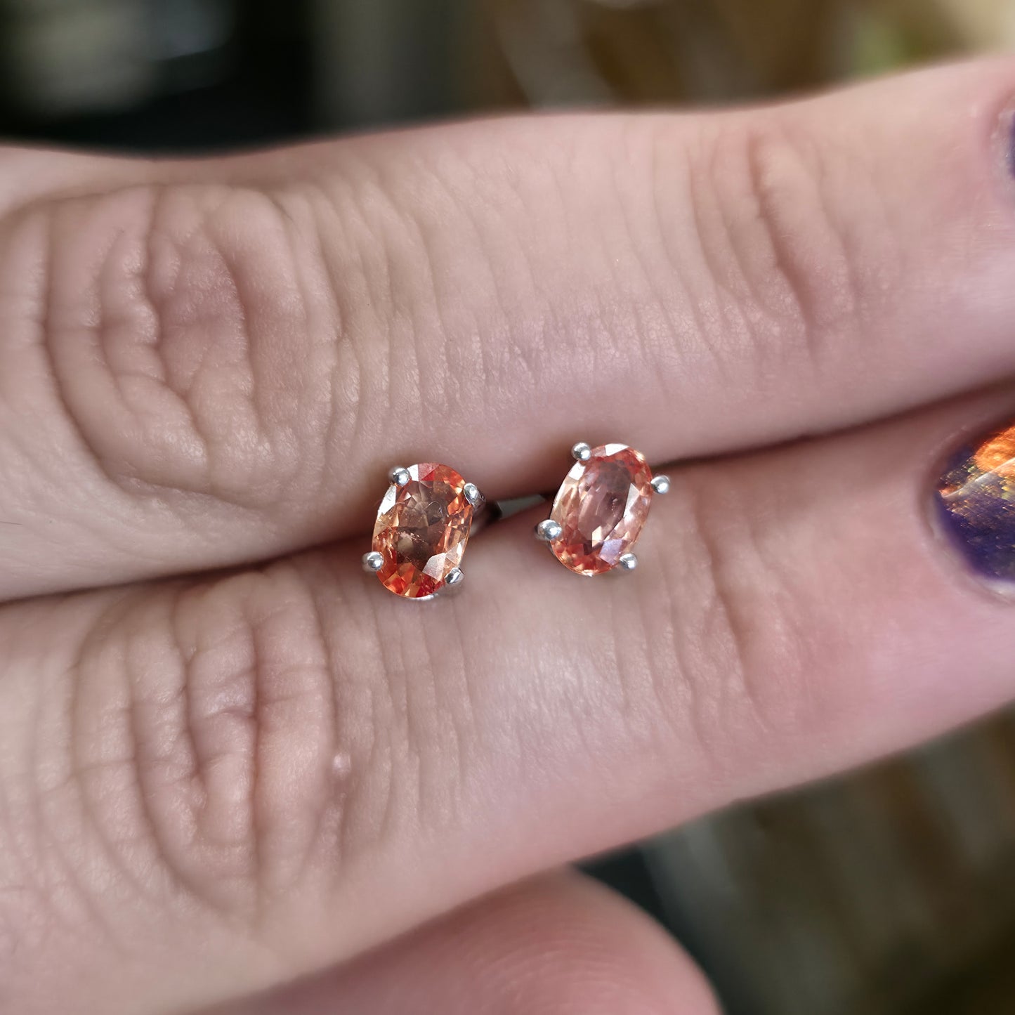 18ct White Gold Oval Cut Orange Sapphire Solitaire Stud Earrings