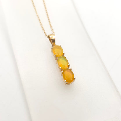 9ct Yellow Gold Three Stone Oval Cut Yellow Opal Pendant And Chain Necklace