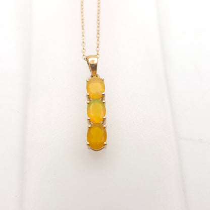 9ct Yellow Gold Three Stone Oval Cut Yellow Opal Pendant And Chain Necklace