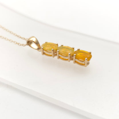 9ct Yellow Gold Three Stone Oval Cut Yellow Opal Pendant And Chain Necklace