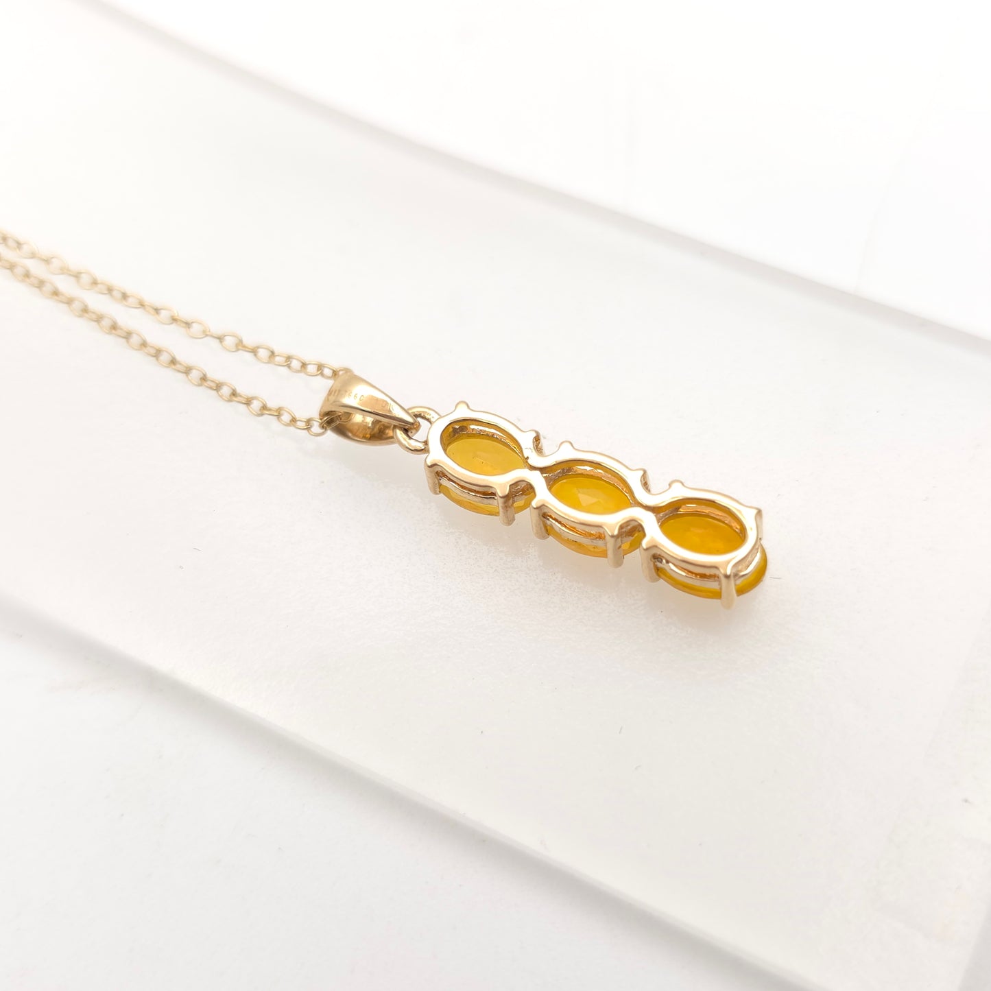 9ct Yellow Gold Three Stone Oval Cut Yellow Opal Pendant And Chain Necklace