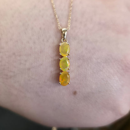 9ct Yellow Gold Three Stone Oval Cut Yellow Opal Pendant And Chain Necklace