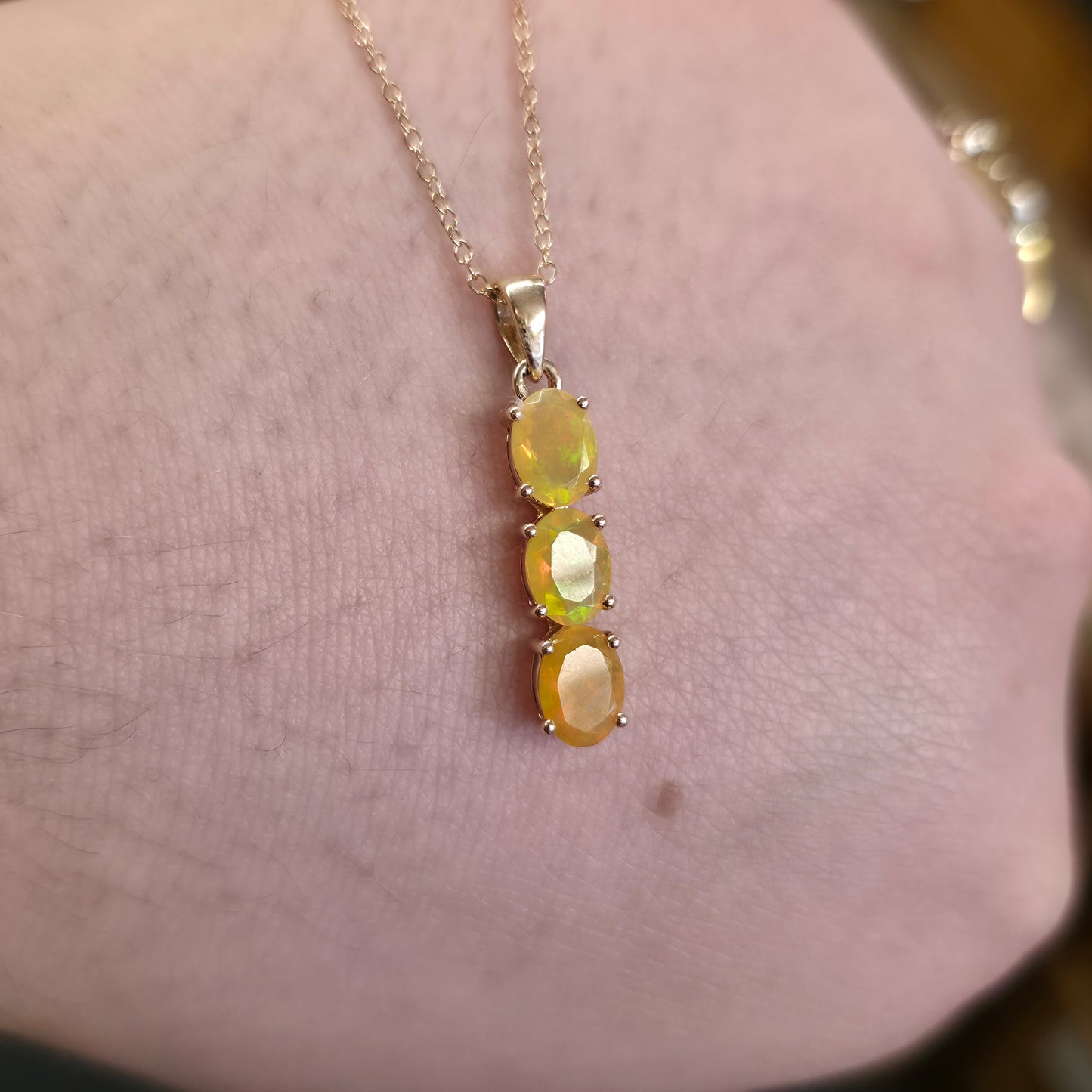 9ct Yellow Gold Three Stone Oval Cut Yellow Opal Pendant And Chain Necklace