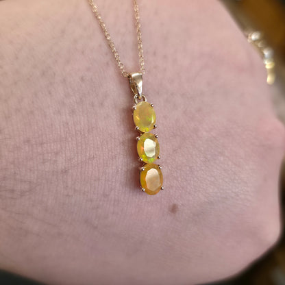 9ct Yellow Gold Three Stone Oval Cut Yellow Opal Pendant And Chain Necklace