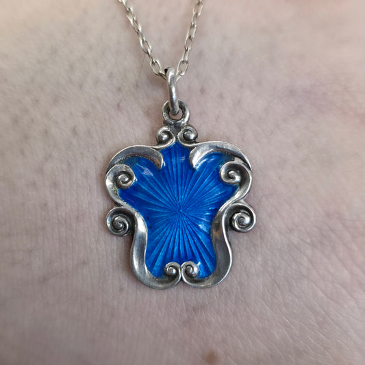 Sterling Silver Antique Blue Enamel Fob Pendant And Chain Necklace