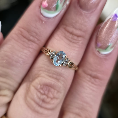 10ct Yellow Gold Aquamarine and Diamond Cut-Out Shoulders Detail Ring